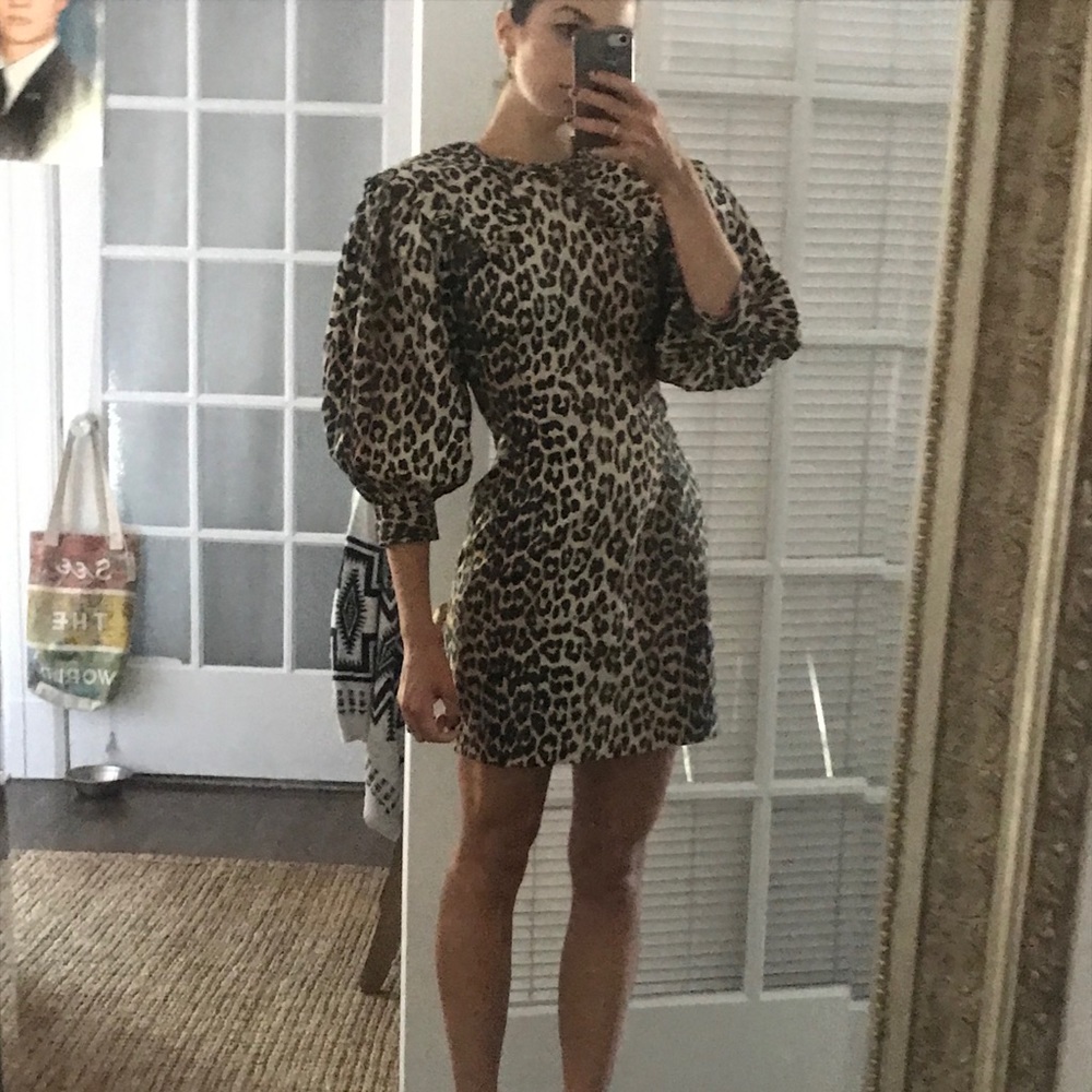 Ganni Leopard print mini dress with puffed sleeve
